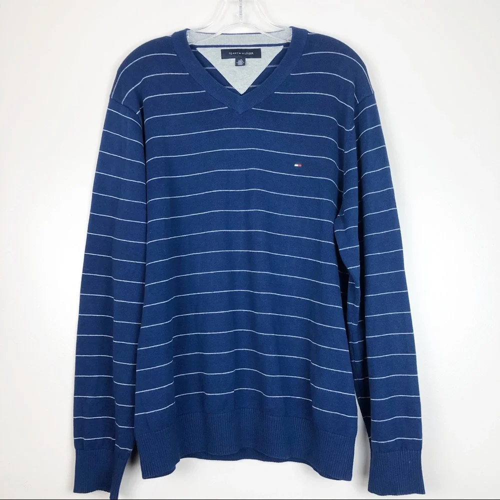 Tommy Hilfiger Sweater Blue Stripe V Neck Size Mens Large